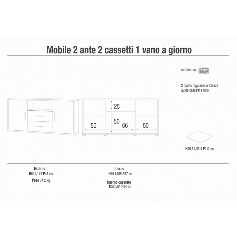MOBILE a 2 ANTE con 2 CASSETTI in OSSIDO BIANCO E NOCE STELVIO