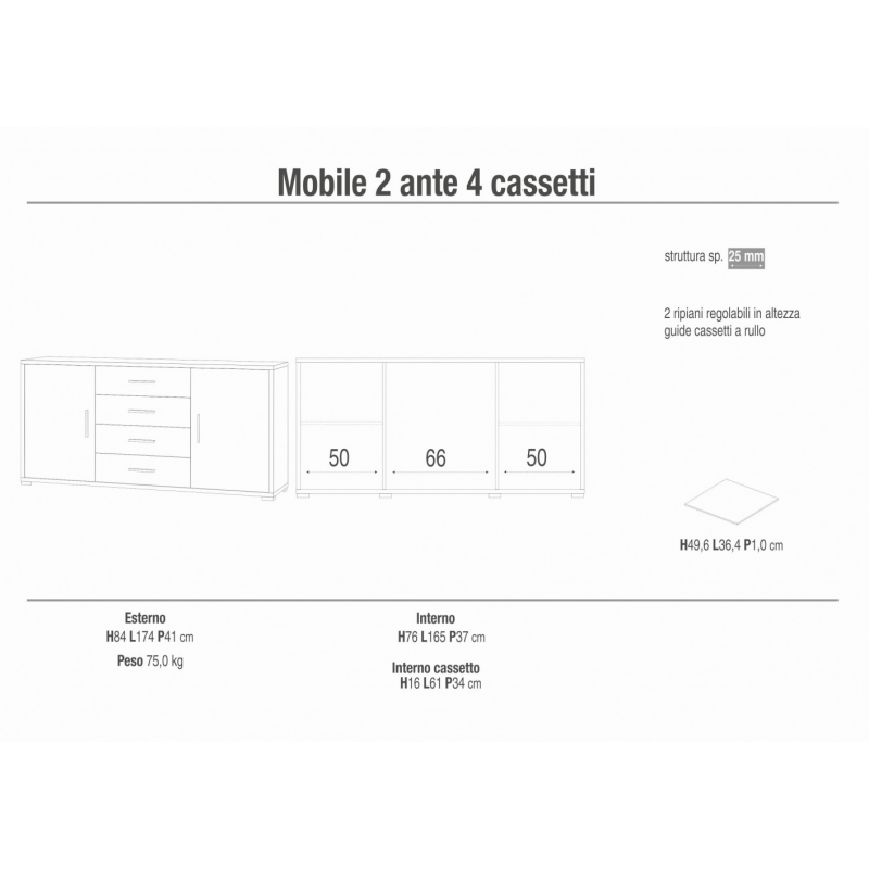MOBILE a 2 ANTE con 4 CASSETTI in NOCE STELVIO E OSSIDO BIANCO