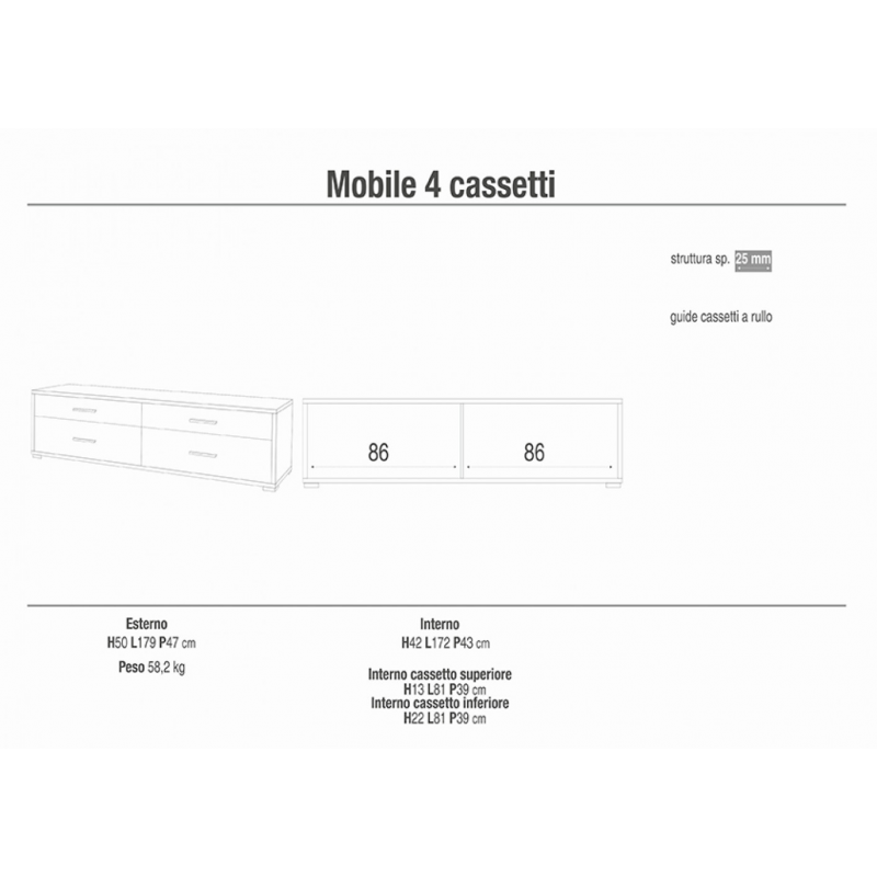 MOBILE con 4 CASSETTI in OSSIDO BIANCO E NOCE STELVIO