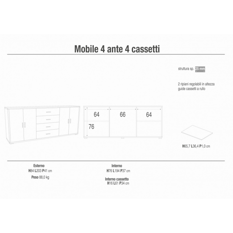 MOBILE a 4 ANTE con 4 CASSETTI in OSSIDO BIANCO E NOCE STELVIO