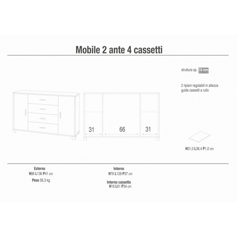 MOBILE a 2 ANTE con 4 CASSETTI in TITANIO E QUERCIA BIANCO