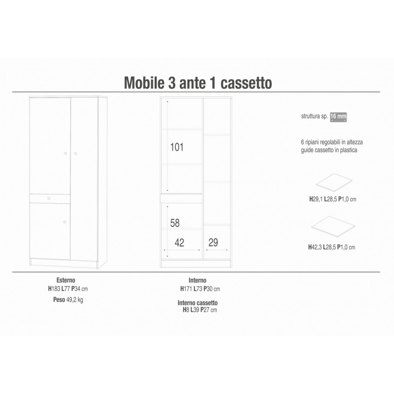 MOBILE a 3 ANTE con 1 CASSETTO BIANCO LISCIO