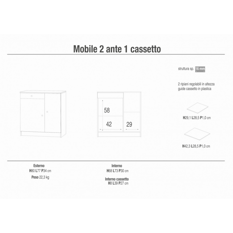 MOBILE a 2 ANTE con 1 CASSETTO BIANCO LISCIO