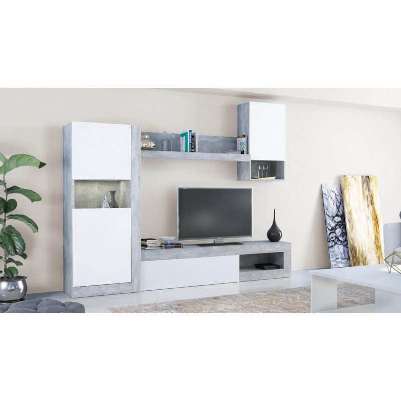 PARETE SOGGIORNO ROOMY BIANCO E GRIGIO EFFETTO CEMENTO
