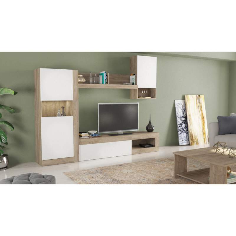 Parete soggiorno Roomy bianco e rovere chiaro moderna
