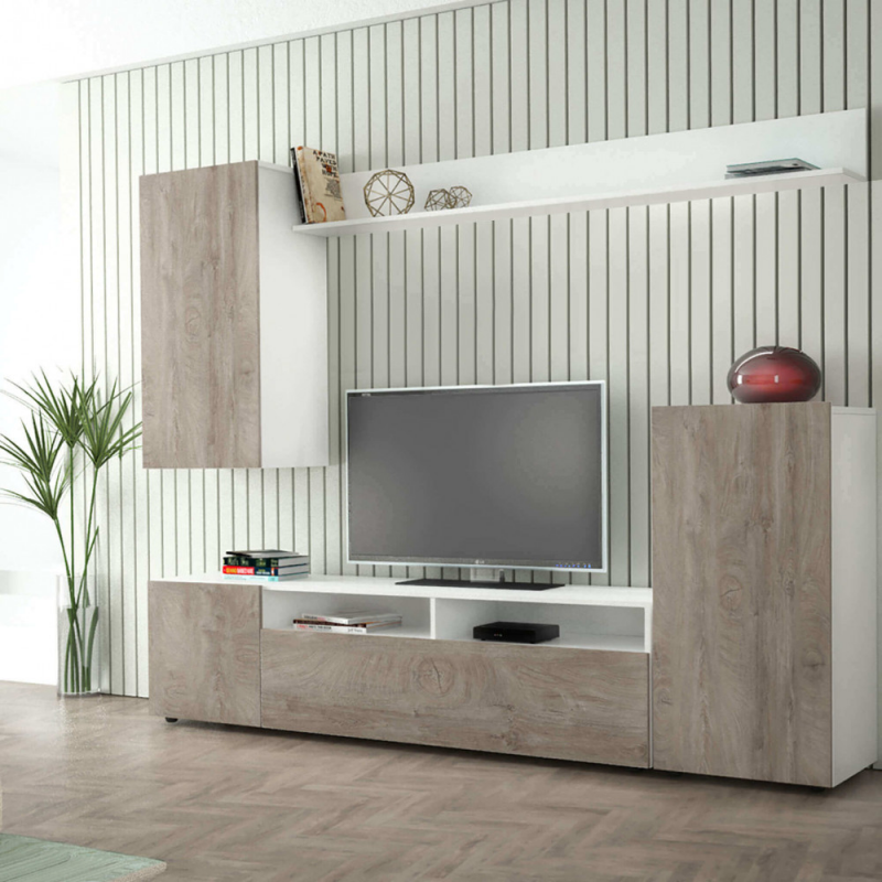 Parete soggiorno Bridge bianco e rovere chiaro - Living moderno