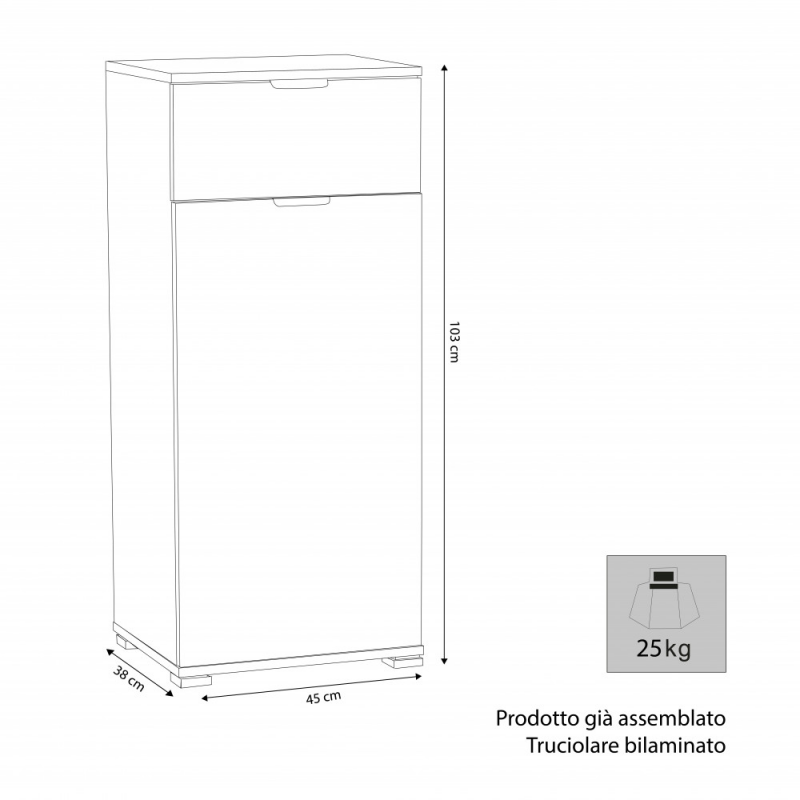 Mobiletto con 1 anta e 1 cassetto bianco compatto moderno casa