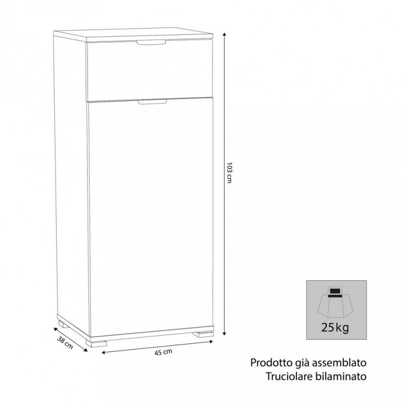 Mobiletto con 1 anta e 1 cassetto rovere grigio compatto moderno