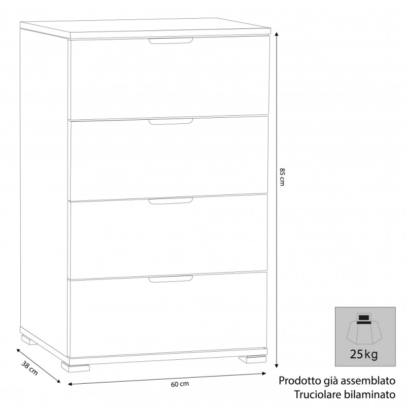 Cassettiera 4 cassetti rovere grigio compatta elegante per casa