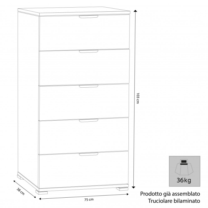Mobiletto 5 cassetti rovere grigio compatto pratico elegante casa