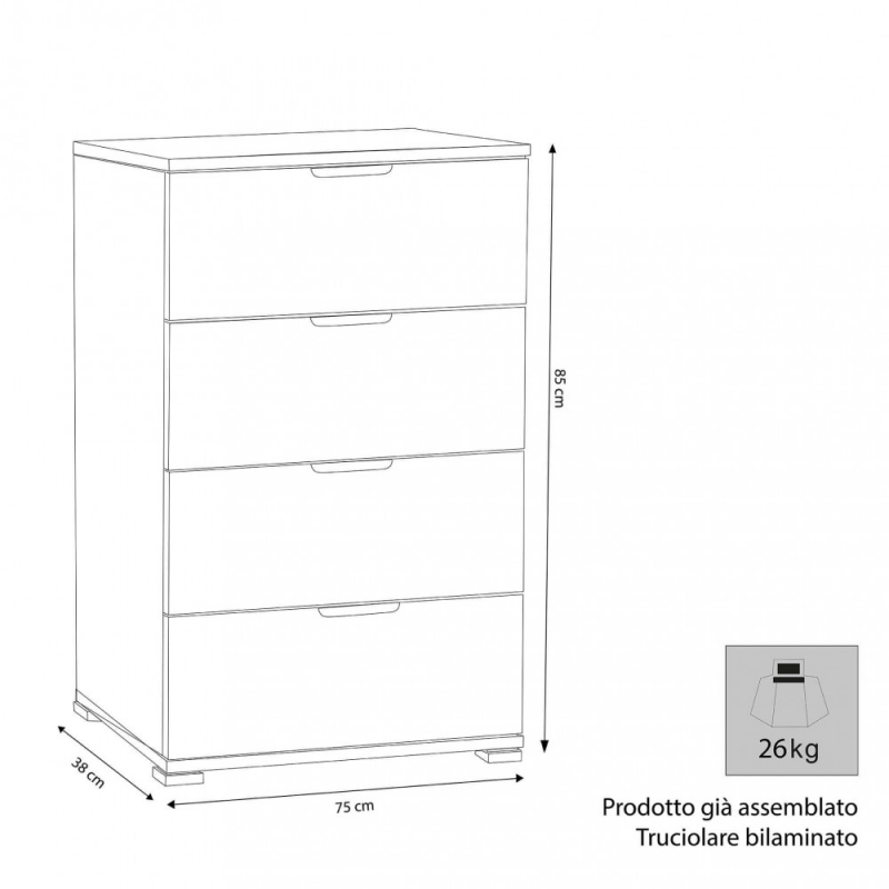 Mobiletto 4 cassetti bianca compatto pratico elegante per casa