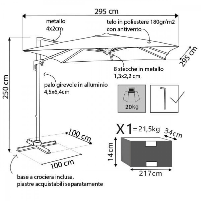 Ombrellone Newton nero 3x3 palo laterale telo grigio