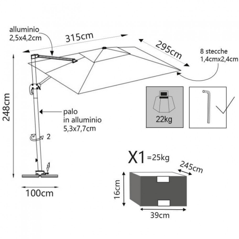 Ombrellone Pitagora LED 3x3 Bianco palo laterale telo bianco