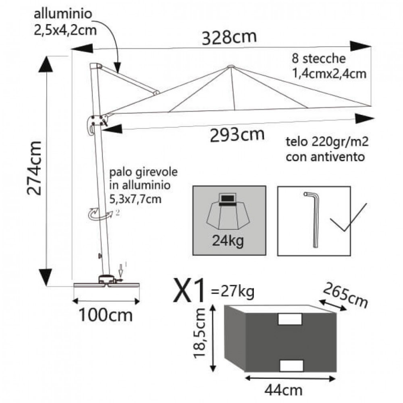 Ombrellone Saturno bianco palo laterale 3x4 telo tortora elegante