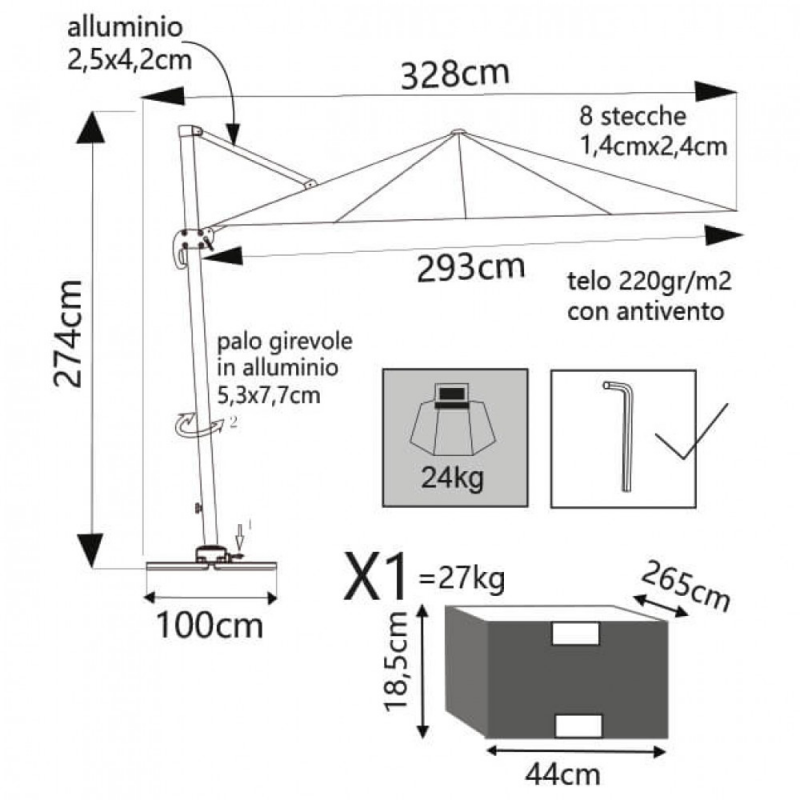 OMBRELLONE SATURNO NERO P/L 3 X 4 TELO ECRU
