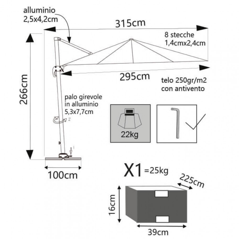 Ombrellone Saturno Tortora 3x3 palo laterale telo tortora