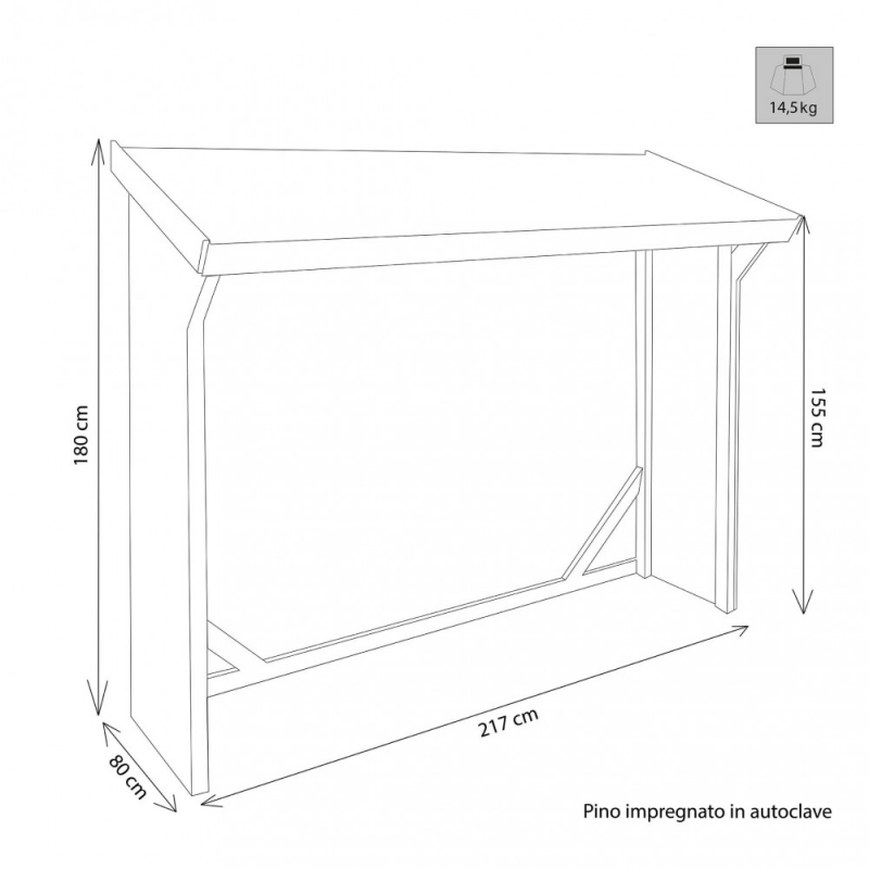 Legnaia in legno 217x80x155/180 cm robusta e capiente
