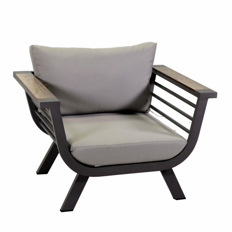 Salotto alluminio Riverside tortora 3 posti con cuscini crema (bracciolo in hpl)