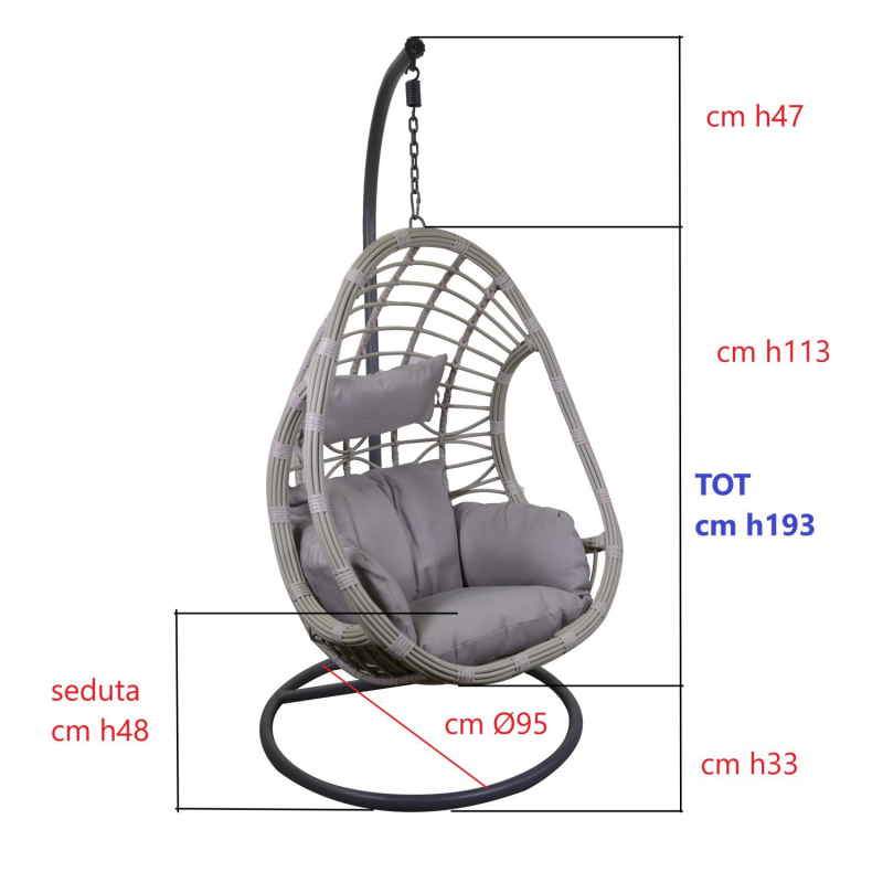 Dondolo pensile polyrattan Lincoln grigio con supporto e cuscino cm90x75h193