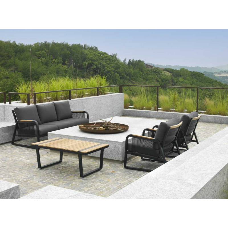 Salotto alluminio Idaho corda 3p antracite con cuscini grigio top tavolo legno