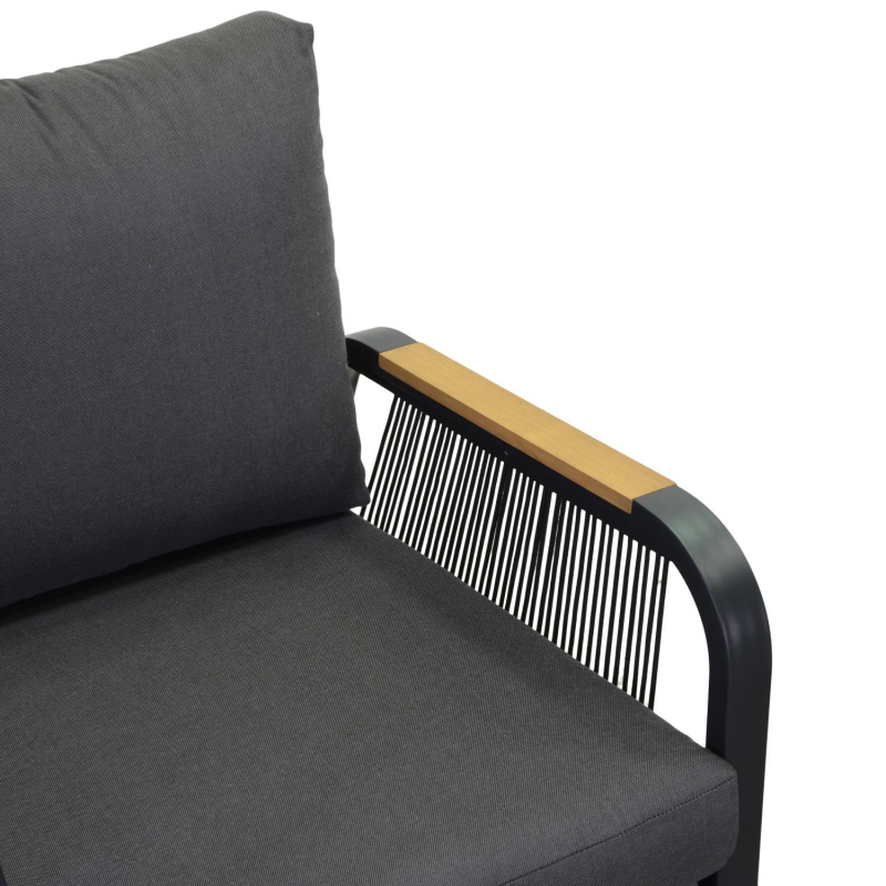 Salotto alluminio Idaho corda 3p antracite con cuscini grigio top tavolo legno