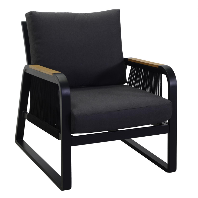 Salotto alluminio Idaho corda 2p antracite con cuscini grigio + top legno