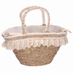 Zoom Borsa paglia naturale con pizzo crema econchiglie cm 60x16h26/30