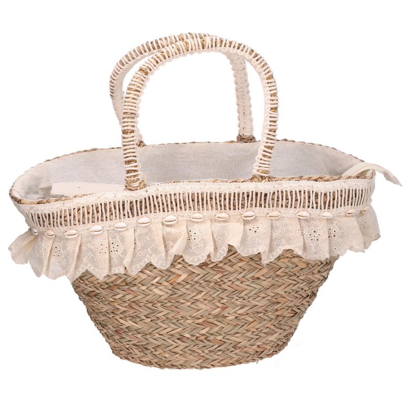 Borsa paglia naturale con pizzo crema econchiglie cm 60x16h26/30