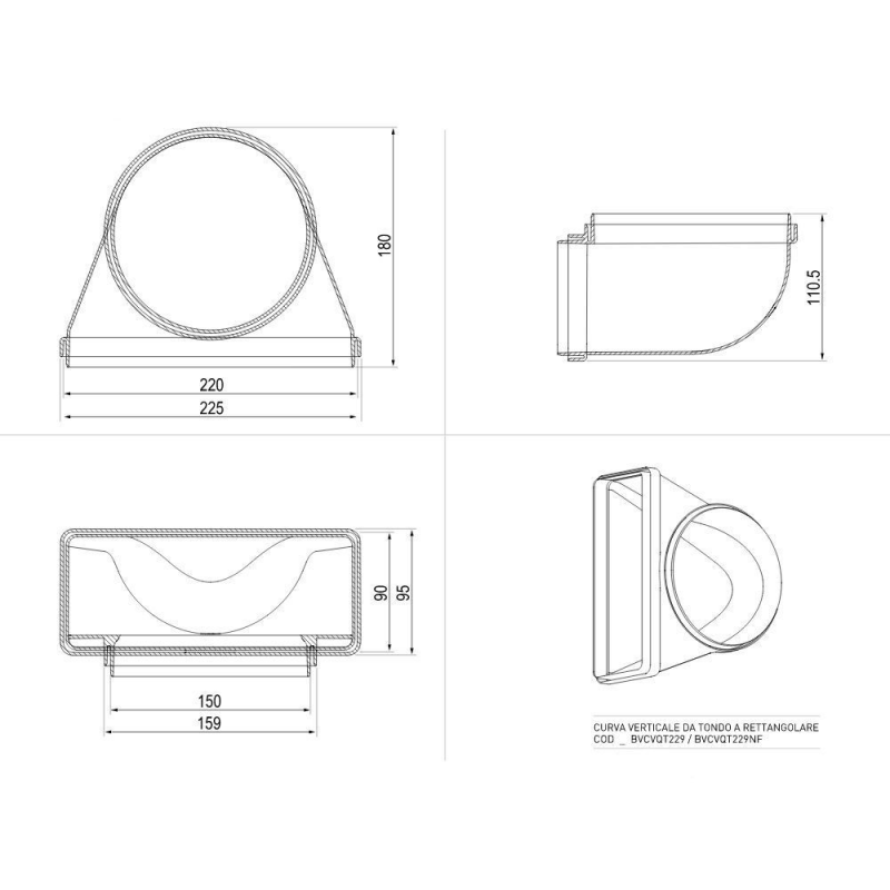 Curva verticale per cappe BVCVQT229 da tondo a rettangolare 22x9 cm