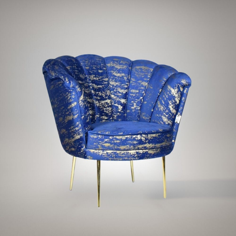 Poltrona Orel velluto blu fantasia oro e piedini oro Arya Gold