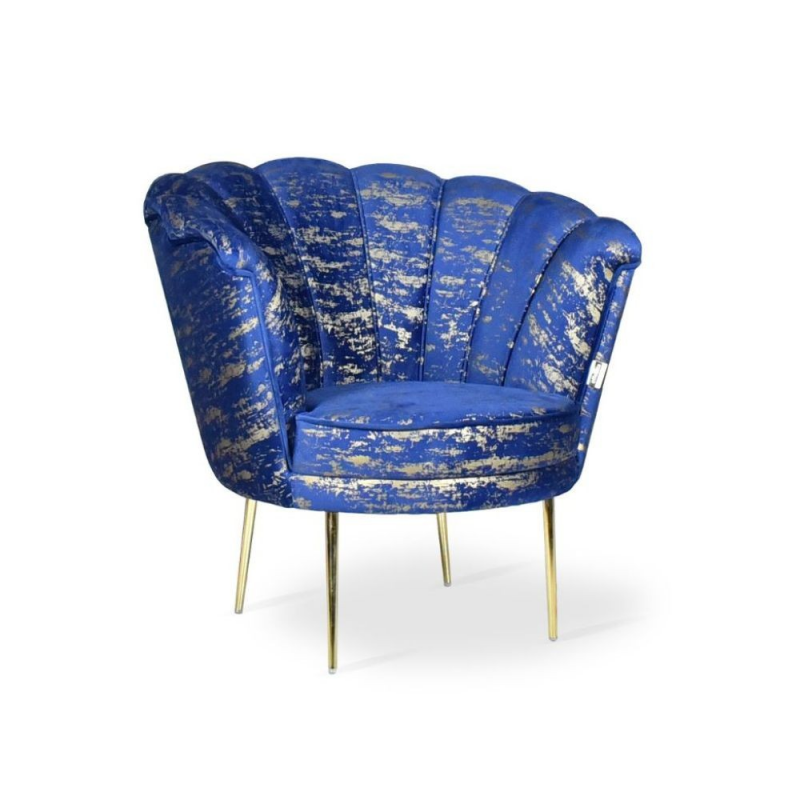 Poltrona Orel velluto blu fantasia oro e piedini oro Arya Gold