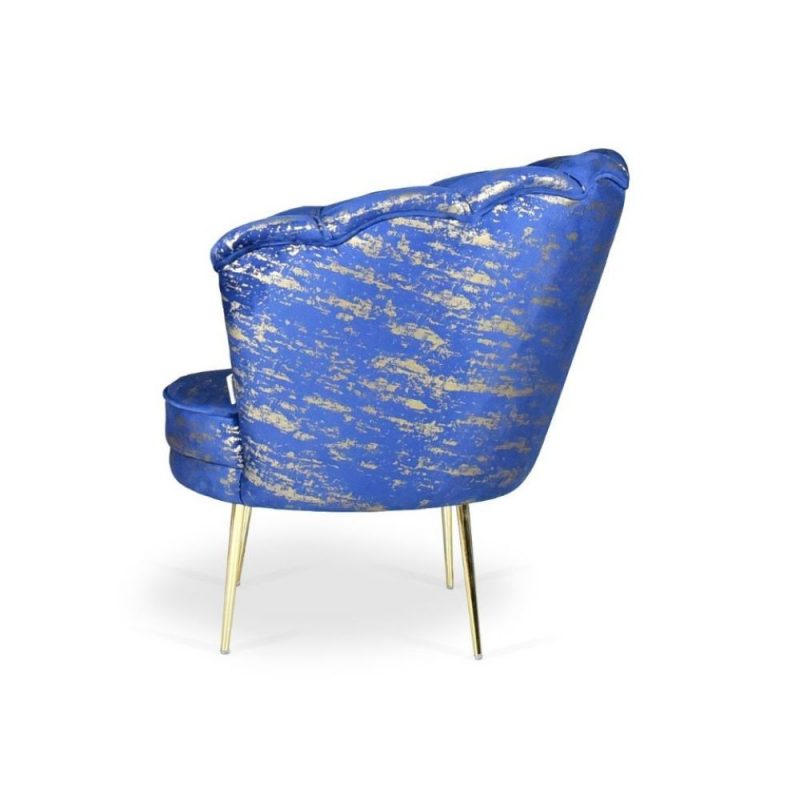 Poltrona Orel velluto blu fantasia oro e piedini oro Arya Gold