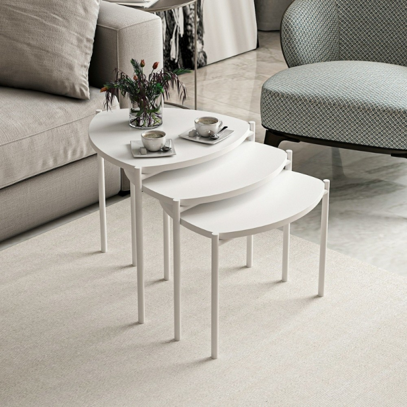 Tris tavolini da salotto Lenny struttura e piano bianco moderni