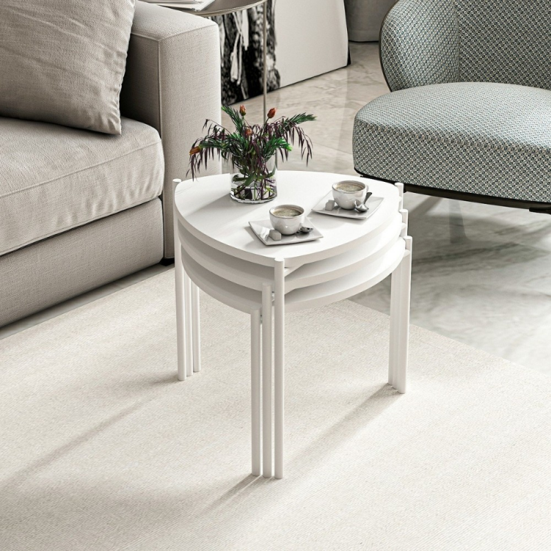 Tris tavolini da salotto Lenny struttura e piano bianco moderni