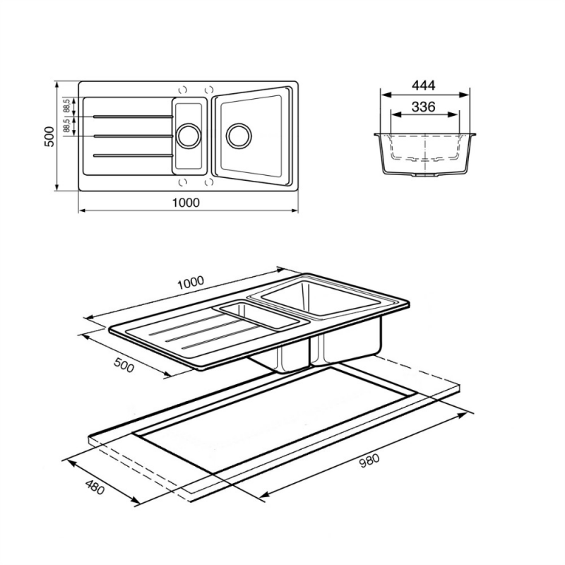 Lavello Smeg LS102T 100x50 cm 1 1/2 vasche gocciolatoio titanio