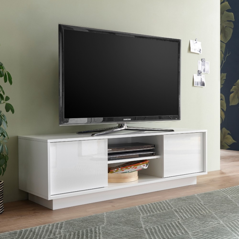 Base TV Ice bianco lucido moderna e capiente per soggiorno