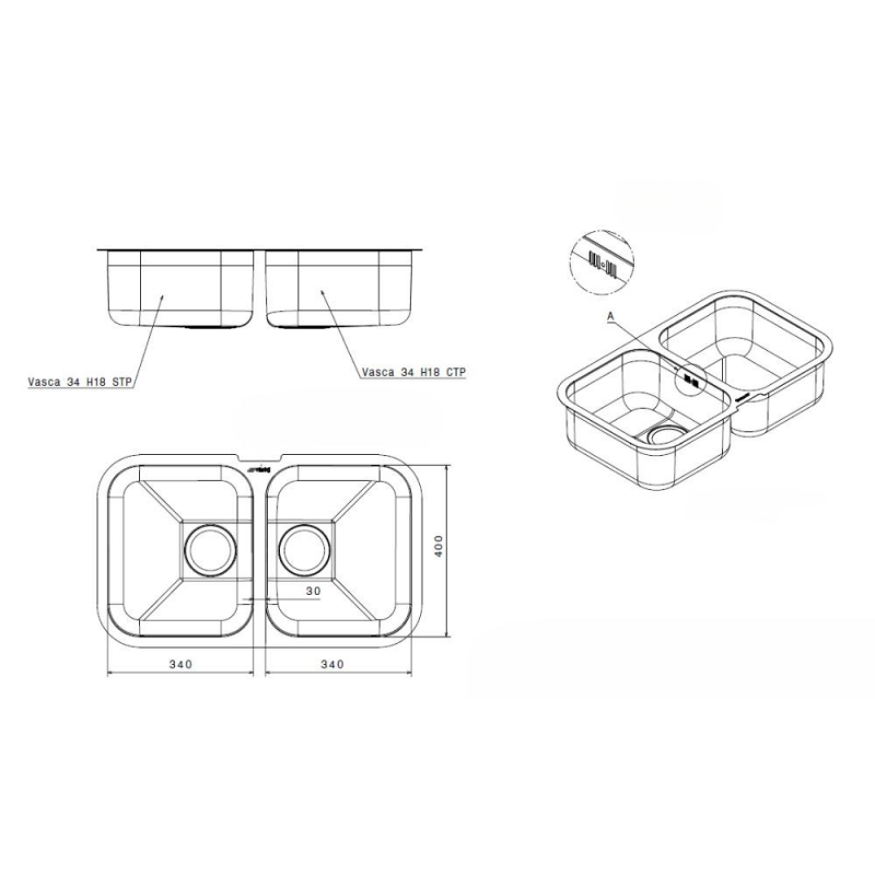 Lavello Smeg UM3434 sottotop 76x45 cm 2 vasche inox moderno