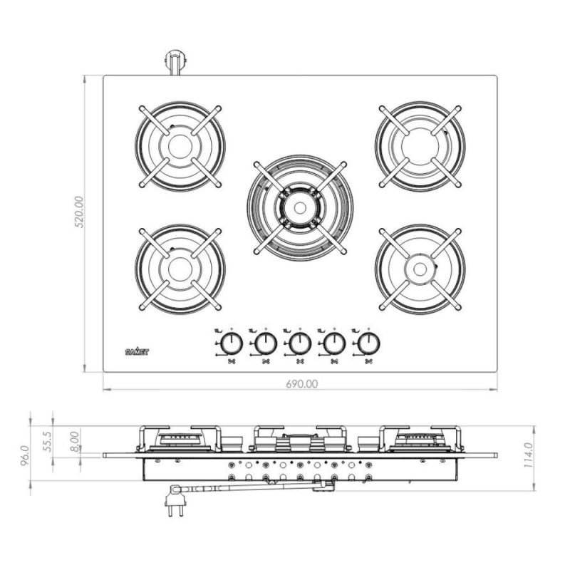 Piano cottura Samet Minerva 70 a gas 5 fuochi vetro nero