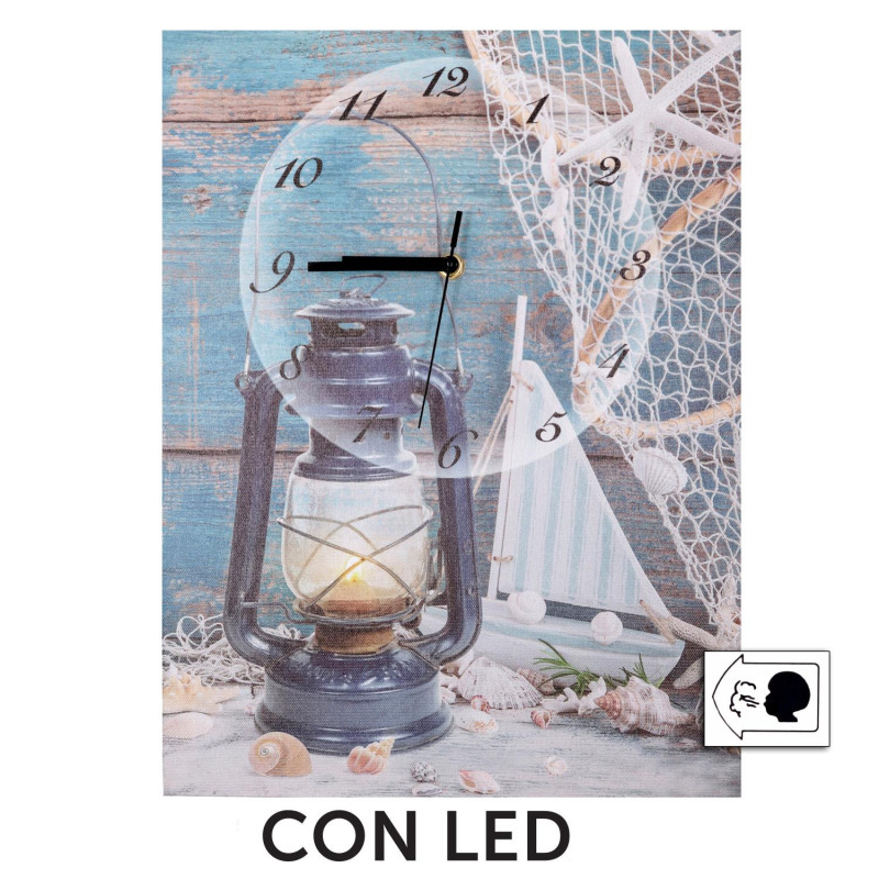 Orologio quadro LED Mare legno con lanterna 30x40 cm parete