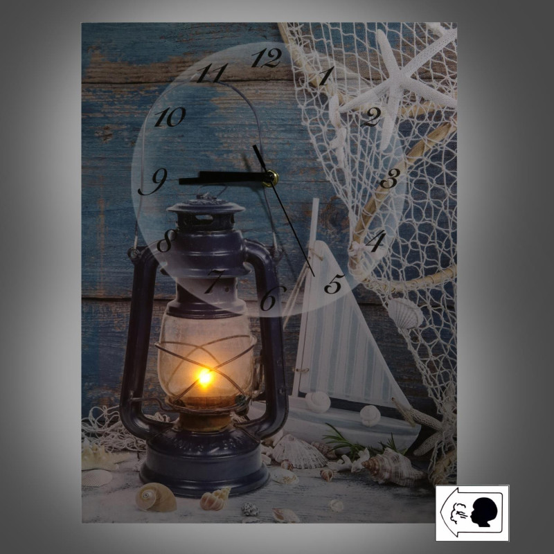 Orologio quadro LED Mare legno con lanterna 30x40 cm parete
