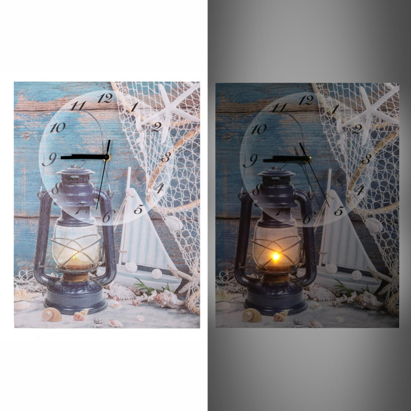 Orologio quadro LED Mare legno con lanterna 30x40 cm parete