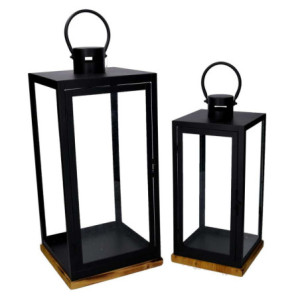 Lanterna metallo nero base legno 24x24xH55 cm elegante