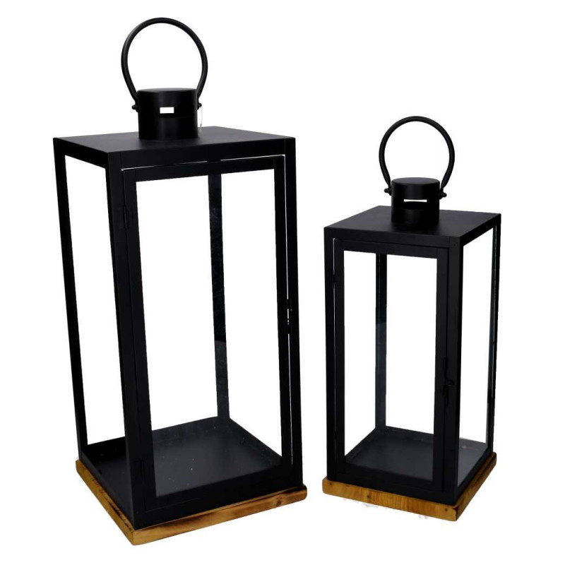 Lanterna metallo nero base legno 24x24xH55 cm elegante