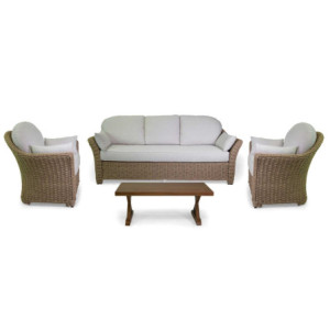 Salotto polyrattan Oakland naturale con cuscini bianchi da esterno