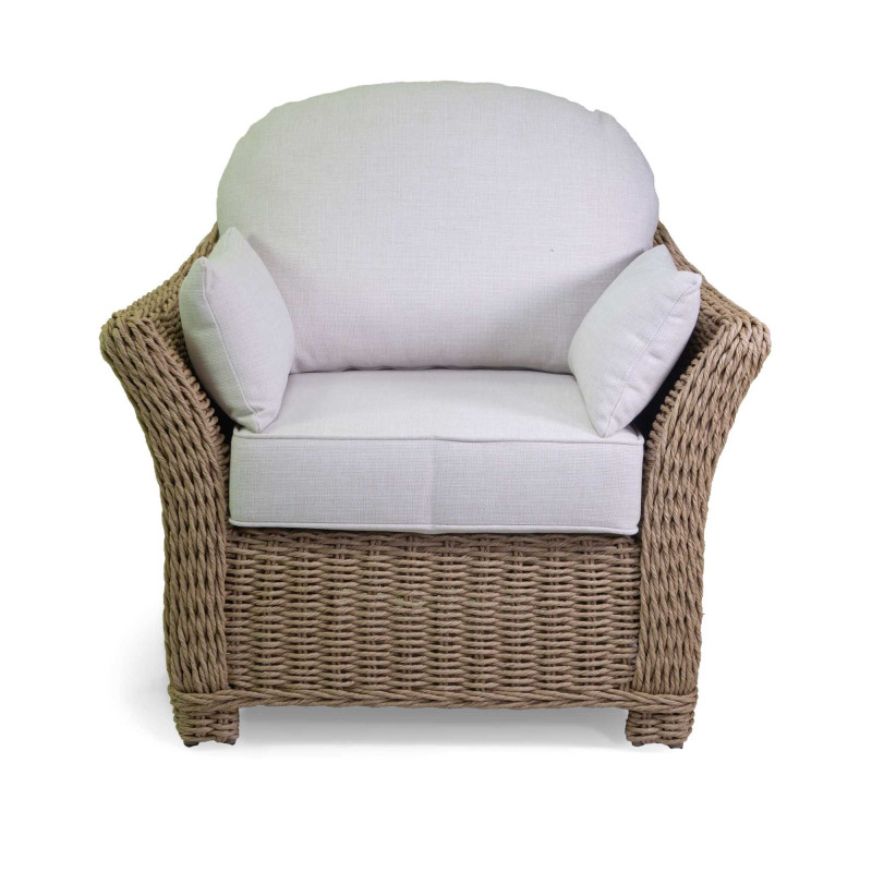 Salotto polyrattan Oakland naturale con cuscini bianchi da esterno
