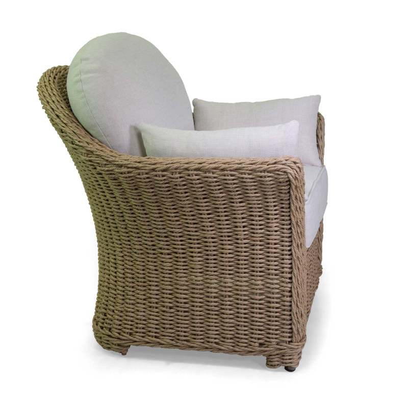 Salotto polyrattan Oakland naturale con cuscini bianchi da esterno