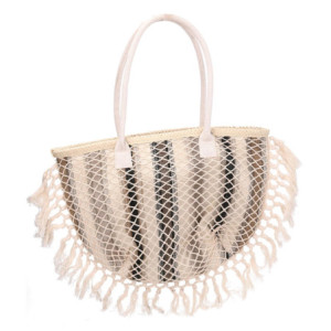 Borsa tessuto righe grigie con nappe 40x13x32 cm elegante