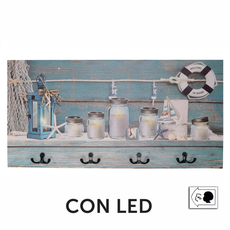Appendino mare legno 8 posti con LED barattoli 60x30x18 cm