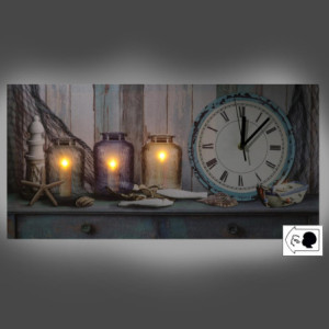 Zoom Orologio quadro led mare legno con candele cm 60x30x2,2