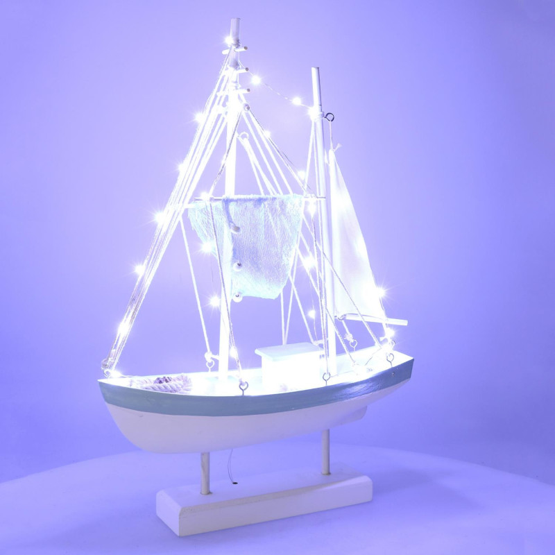 Barca legno mare con led bianco 35,5x11,5x54,5 cm decorazione